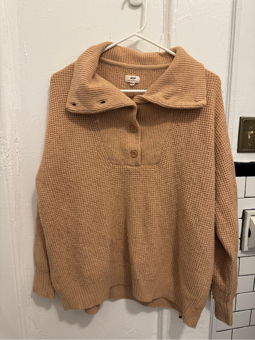 aerie Camel Waffle-Knit Button Collar Sweater